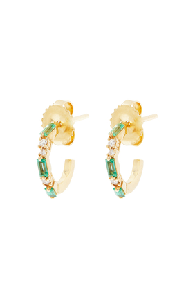 Thin Mini Emerald And Diamond Hoop Earrings